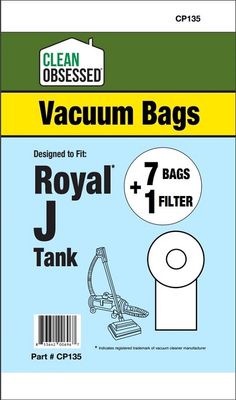 Bags, Paper, Type J, 7 Pack With 1 Filter, For Dirt Devil, Royal Tank Vacuum Cleaners, CP135, Generic