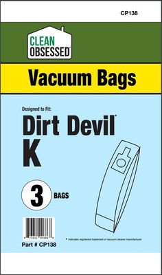 Bags, Paper, Type K, 3 Pack, For Dirt Devil, Royal, CP138, Generic