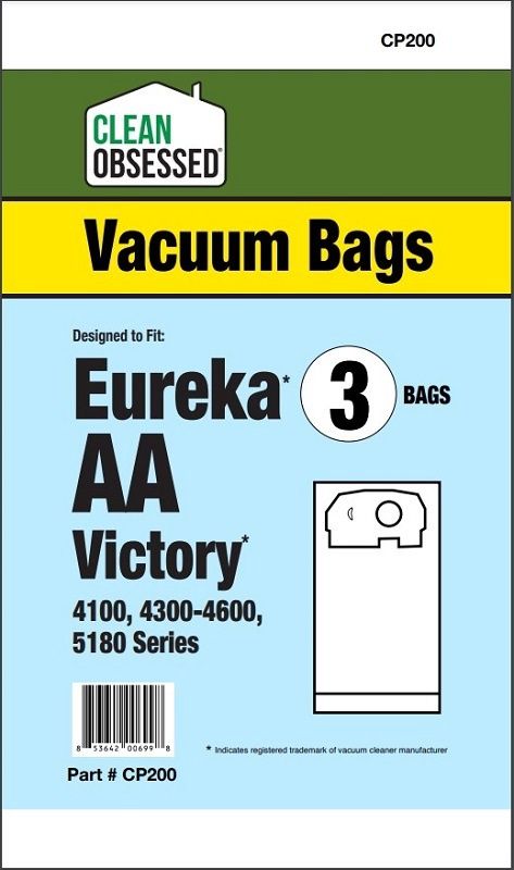 Bags, Paper, Type AA, 3 Pack, For Eureka 4100, S4170, 4300, 4400, 4600, Eureka Self-Propelled Series 5180, Whirlwind 4386AT, 4478AT, CP200, Generic