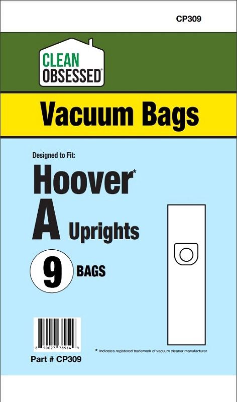 Bags, Paper, Type A, 9 Pack, For Hoover Upright Top Fill, CP309, Generic
