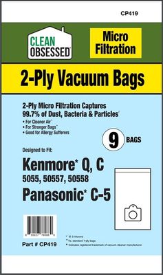 Bags, Paper, Type C, Type Q, 9 Pack, For Kenmore Style 5055, 50557, 50558, Panasonic C-5, CP419, Generic