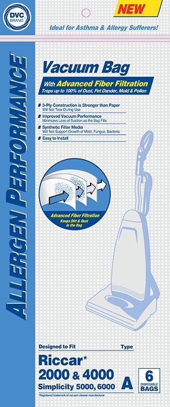 Bags, Cloth, Type A, 6 Pack, For Riccar, R200, Simplicity 5000, 6000, S20E, S20EZM, 5000, 6000 DVC