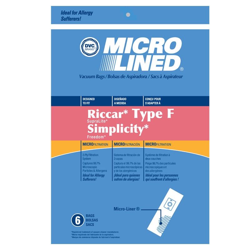 Bags, Paper, Type F, 6 Pack, For CleanMax Zoom ZM200, Simplicity Freedom 3300, 3400, F3500, Hoover, HSCU8000 Series, DVC