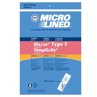 Bags, Paper, Type F, 6 Pack, For CleanMax Zoom ZM200, Simplicity Freedom 3300, 3400, F3500, Hoover, HSCU8000 Series, DVC