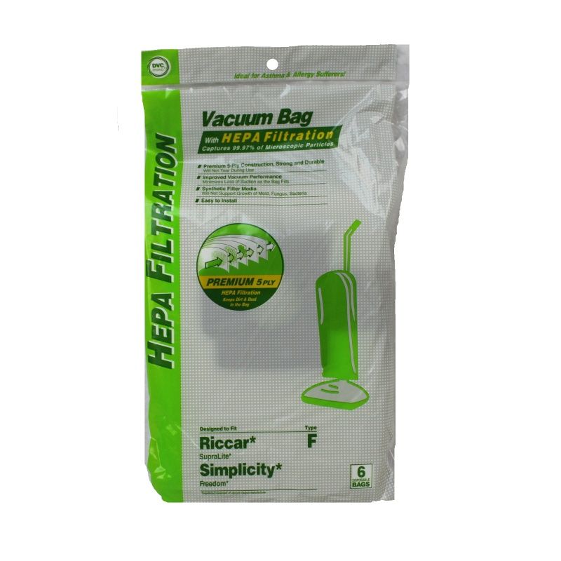 Bags, Cloth, Type F, 6 Pack, HEPA Media Vacuum Bags, For Simplicity Freedom, Riccar R10E, RSL5, RSL4, RSL3, RSL1A. RFH-6, Hoover, HSCU8000 Series, DVC