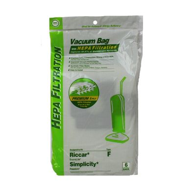 Bags, Cloth, Type F, 6 Pack, HEPA Media Vacuum Bags, For Simplicity Freedom, Riccar R10E, RSL5, RSL4, RSL3, RSL1A. RFH-6, Hoover, HSCU8000 Series, DVC