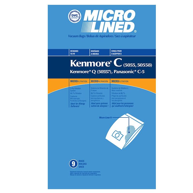 Bags, Paper, Type C, Type Q, 9 Pack, For Kenmore Style 5055, 50557, 50558, Panasonic C-5, Riccar 2400, Simplicity 8100, DVC