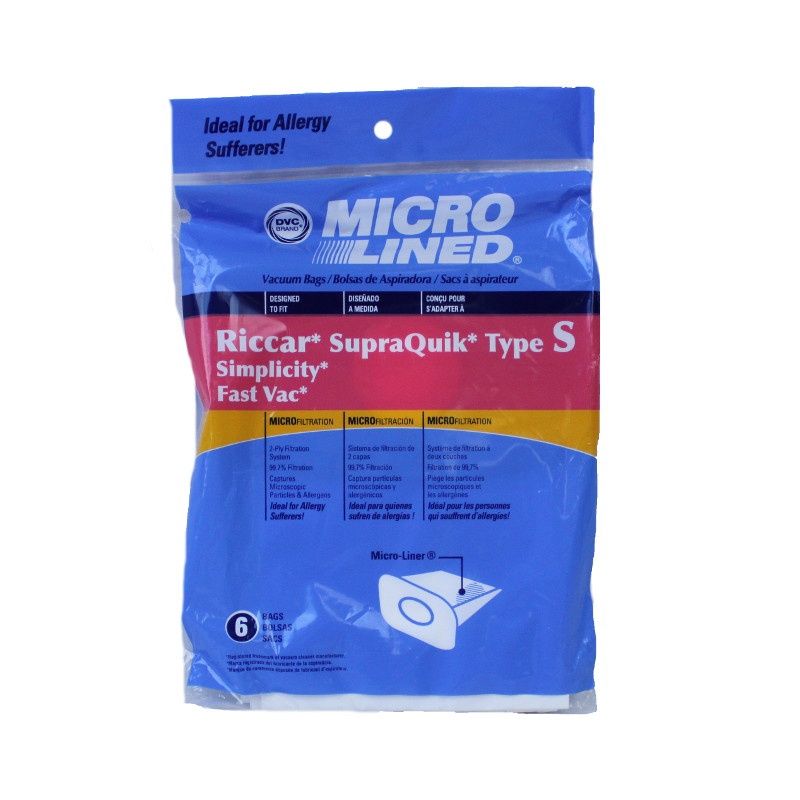 Bags, Paper, Type S, 6 Pack, For Riccar SupraQuick RSQ1 &amp; Simplicity Sport S100, DVC
