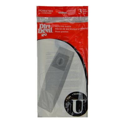 Bags, Paper, Type U, 3 Pack, For Dirt Devil Bags, Paper, Type U, 3 Pack, For Dirt Devil