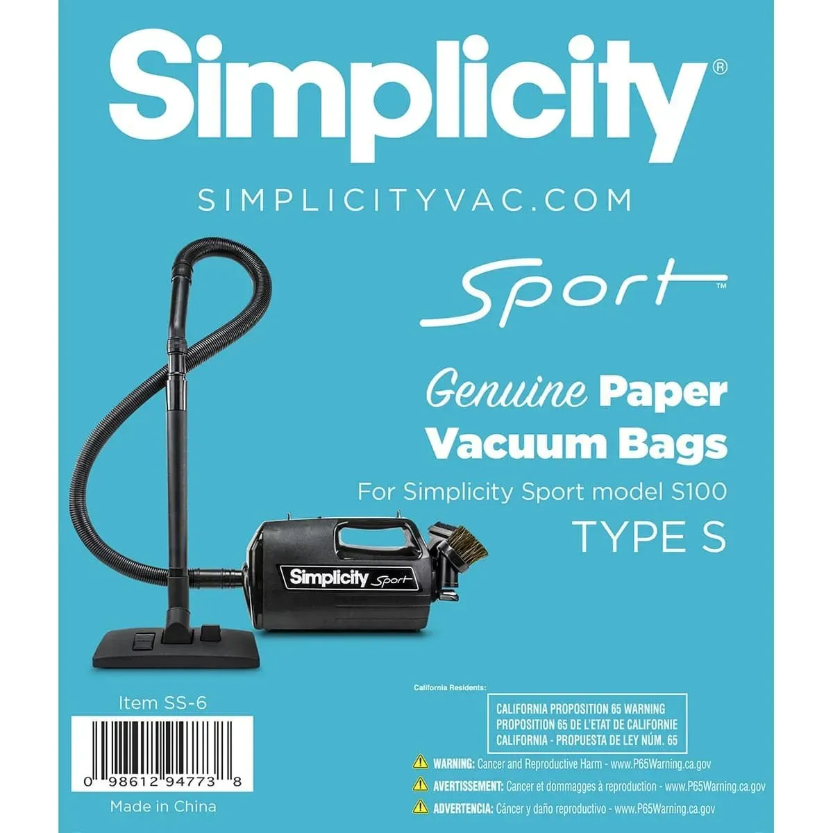 Bags, Paper, Type S, 6pk, Simplicity S100 Sport, Genuine