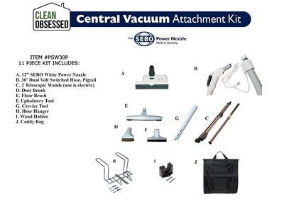 Clean Obsessed Complete, 30' Hose, 12" White Sebo Power Head, Central Vacuum System 11 Piece Attachment Pigtail Connection Kit PSW30P