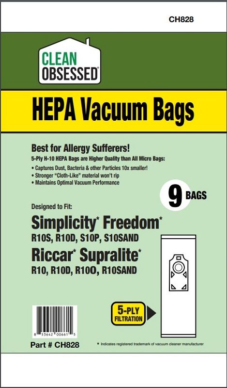 Bags, Cloth, Type L, Green Collar, 9pk, Riccar R10 Simplciity S10, CO Bags, Cloth, Type L, Green Collar, 9pk, Riccar R10 Simplciity S10, CO