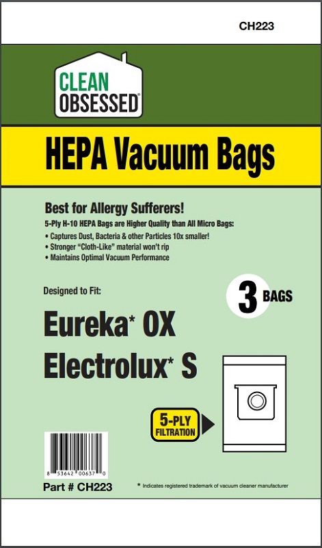 Bags, Cloth, Type OX/S, 3pk, Eureka/Sanitaire Electrolux, Clean Obsessed Bags, Cloth, Type OX/S, 3pk, Eureka/Sanitaire Electrolux, Clean Obsessed