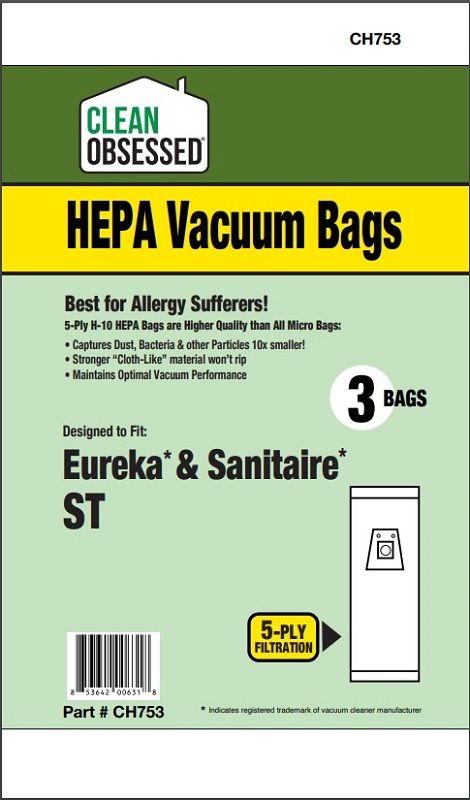 Bags, Cloth, Type ST, 3pk, Eureka/Sanitaire 600/800, Clean Obsessed