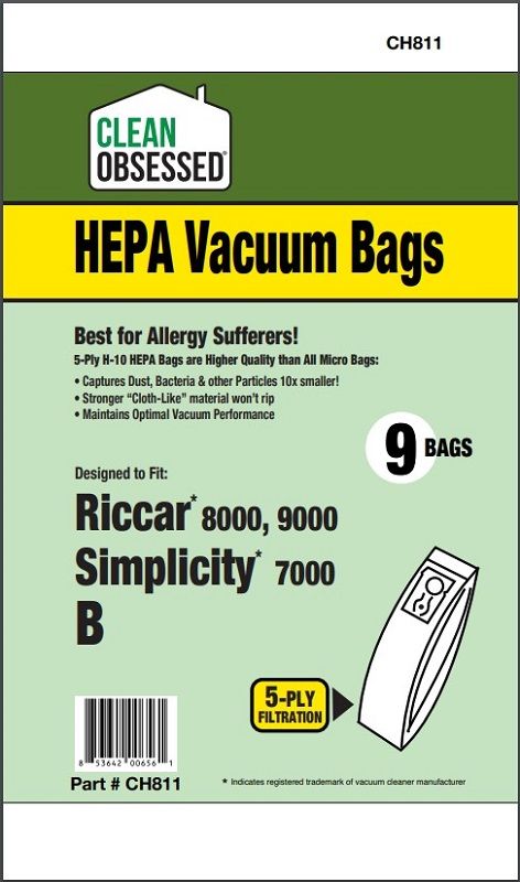 Bags, Cloth, Type B, 6pk, Riccar 8000/9000 Simplicity 7000, Clean Obsessed Bags, Cloth, Type B, 6pk, Riccar 8000/9000 Simplicity 7000, Clean Obsessed