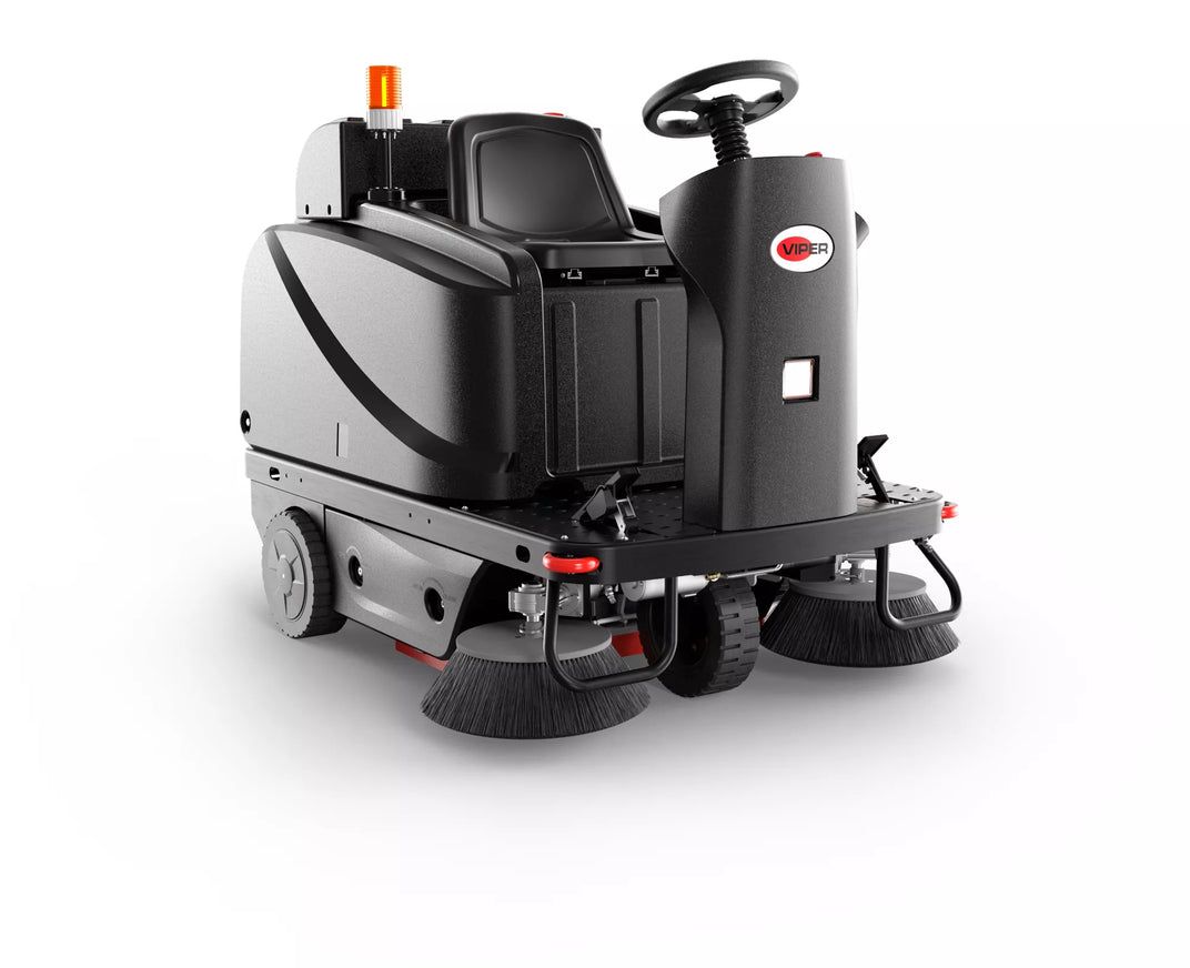 VIPER ROS1300 51" RIDE-ON SWEEPER, RIGHT AND LEFT SIDE BROOMS INCLUDED, 34 GALLON HOPPER. 25 AMP SHELF CHARGER, NO BATTERIES