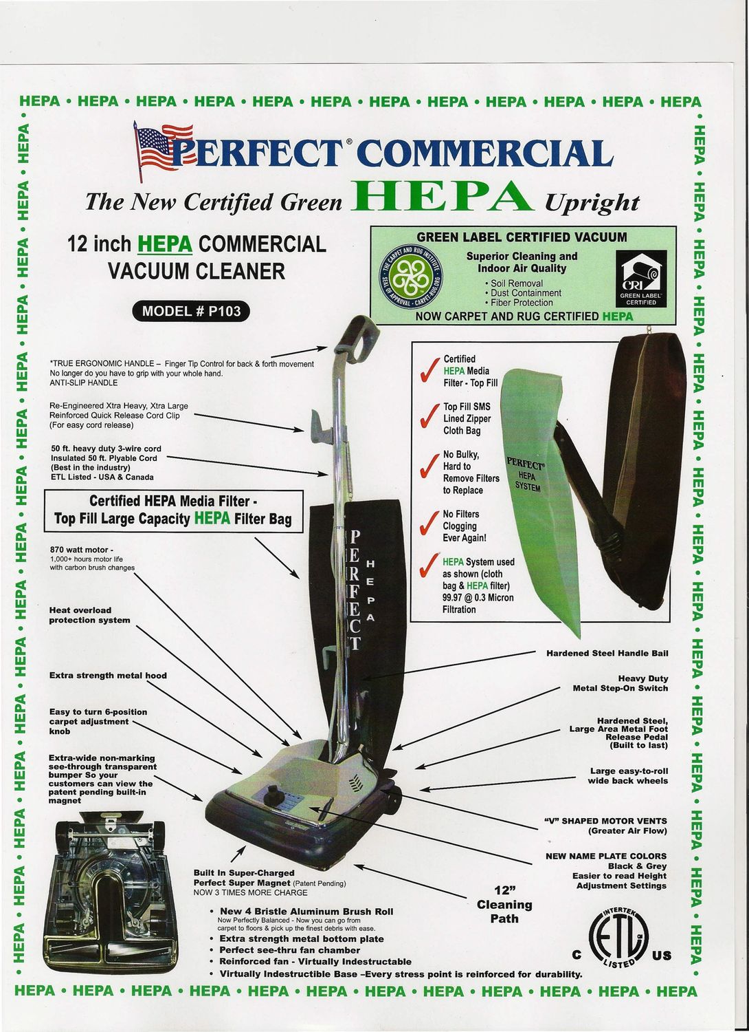 Perfect Commercial P103 HEPA Upright 12" Path 50' Cord