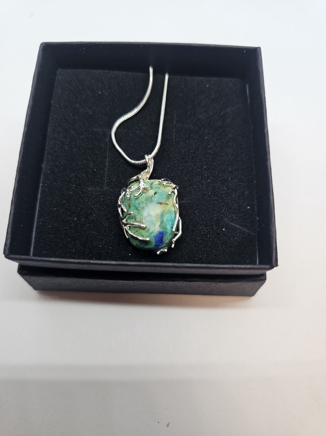 gem silica chrysocolla turquoise silver wrap pendant