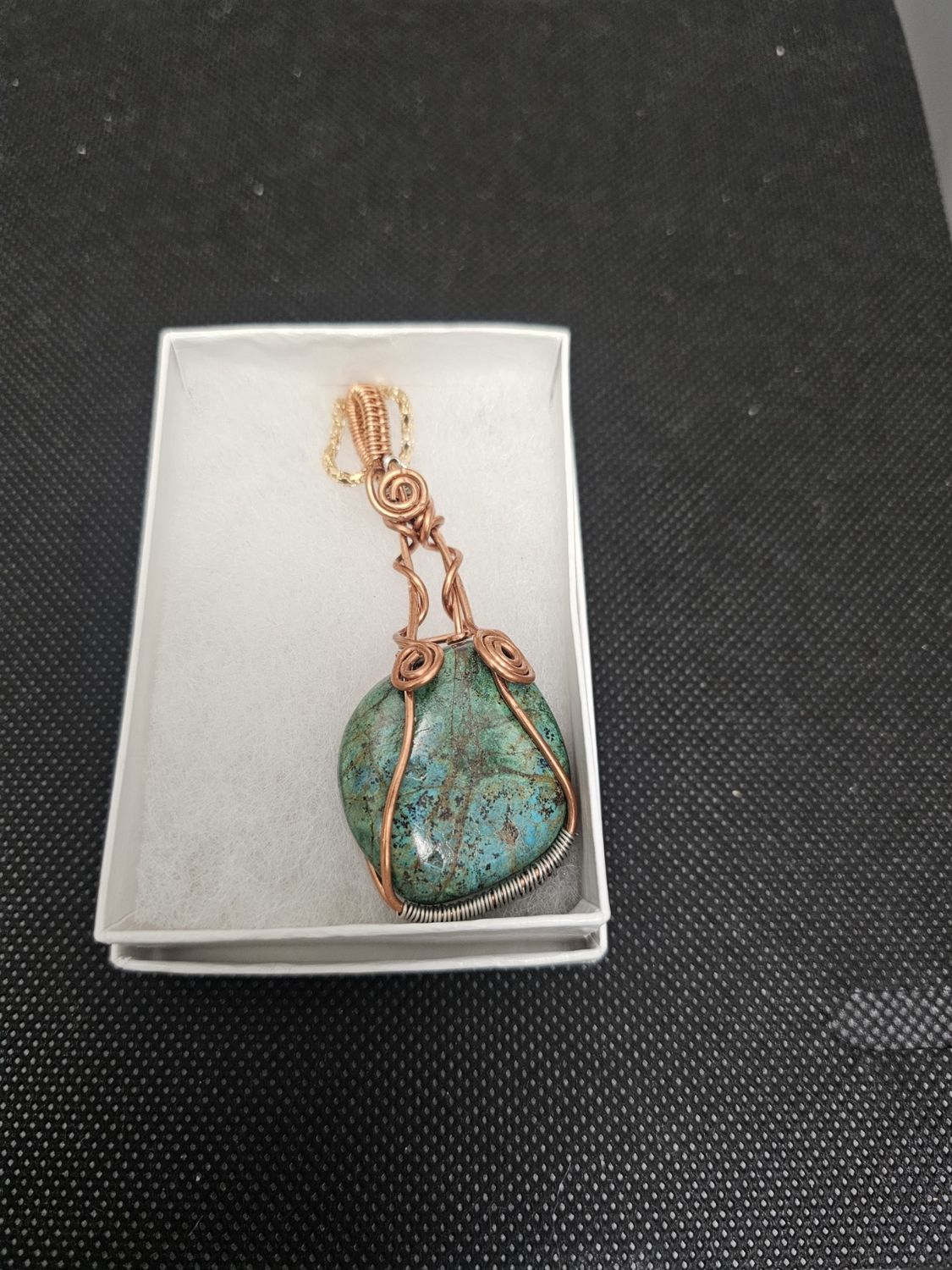 copper wire wrapped chrysocolla gem silica pendant