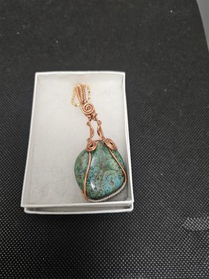 copper wire wrapped chrysocolla gem silica pendant