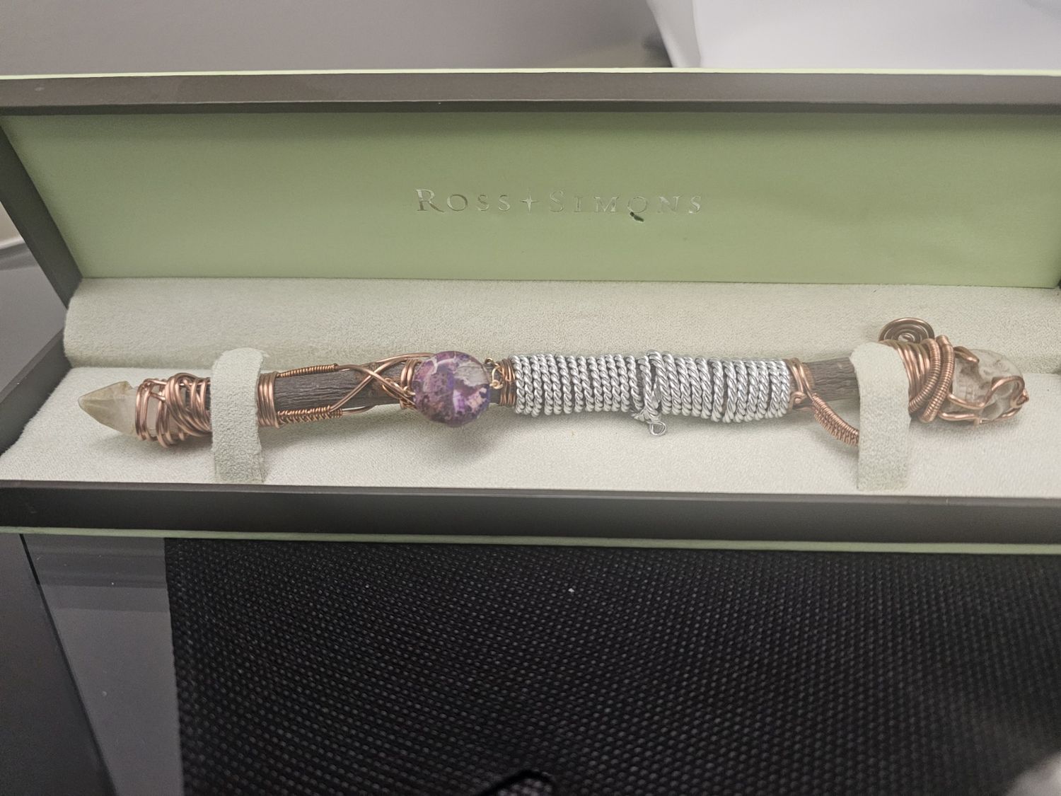 dogs tooth calcite wand silver and copper