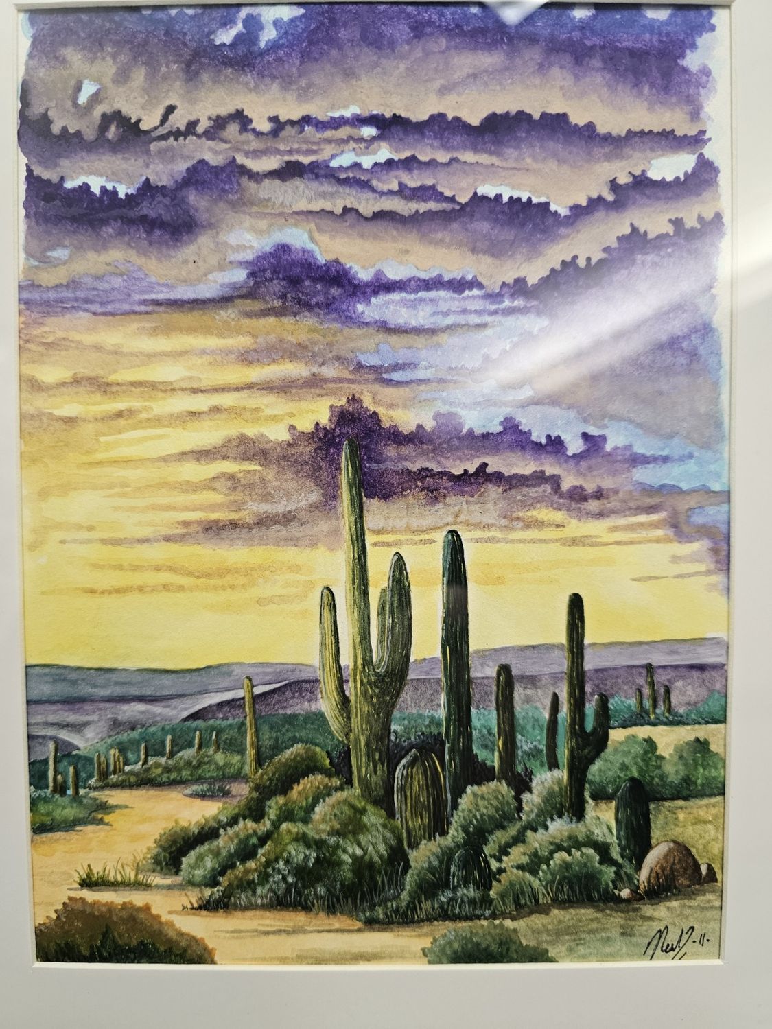 opaque water color micro realism, The saguaro evening