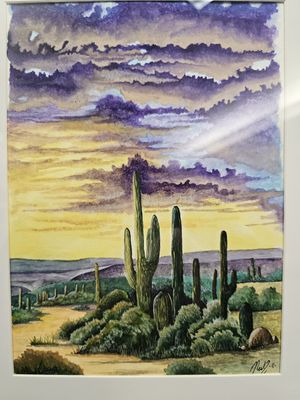opaque water color micro realism, The saguaro evening