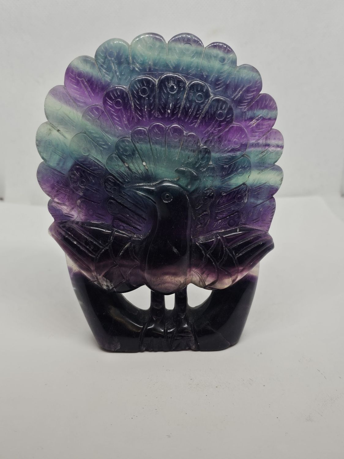 carved rainbow fluorite peacock