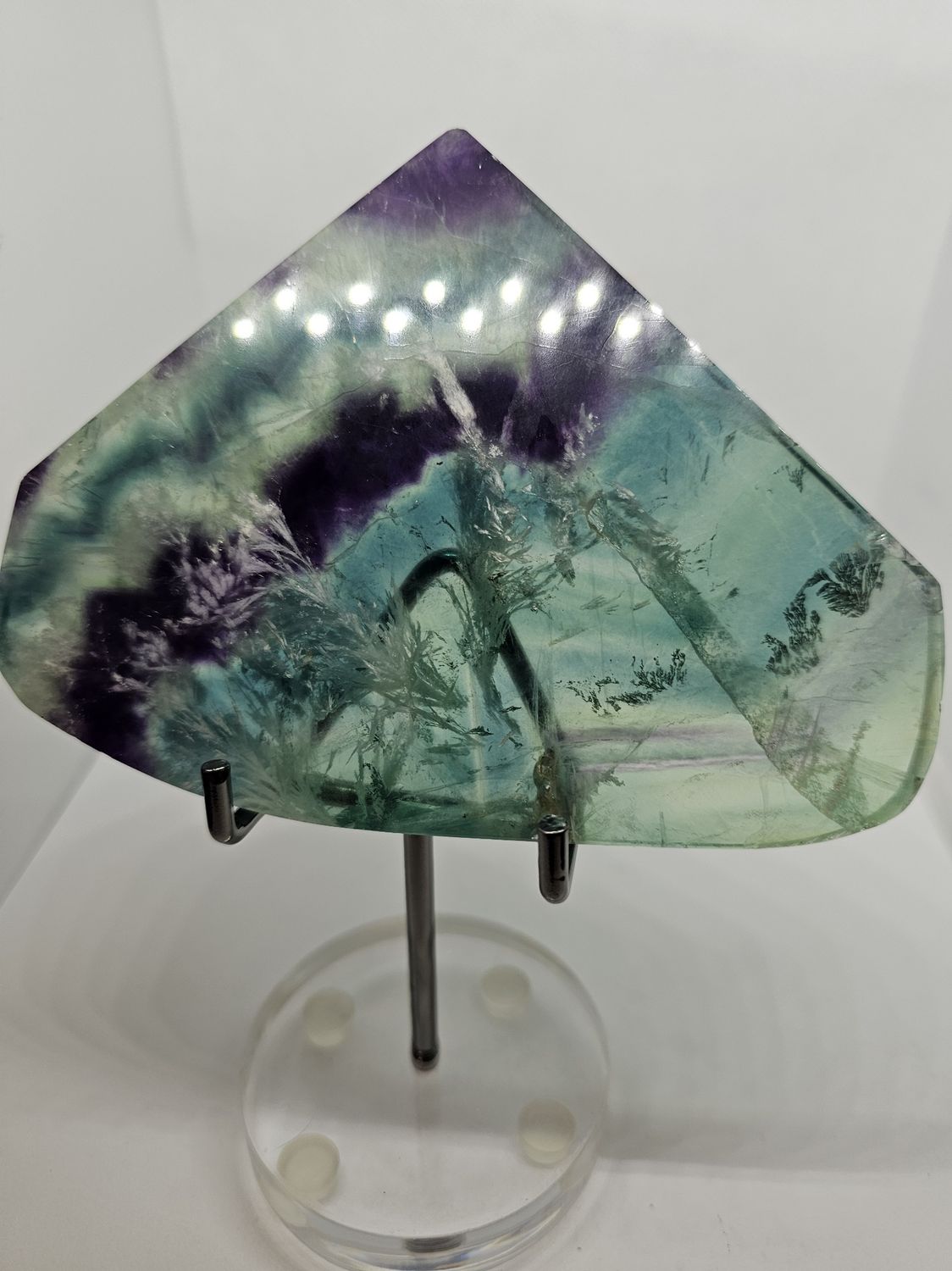 feathered rainbow fluorite slab polished
