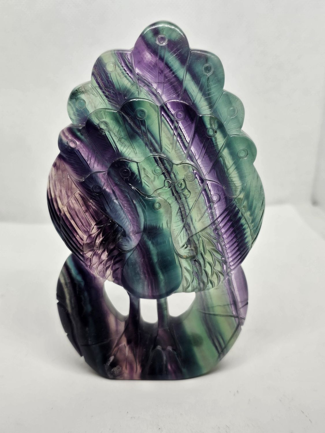carved rainbow fluorite peacock m