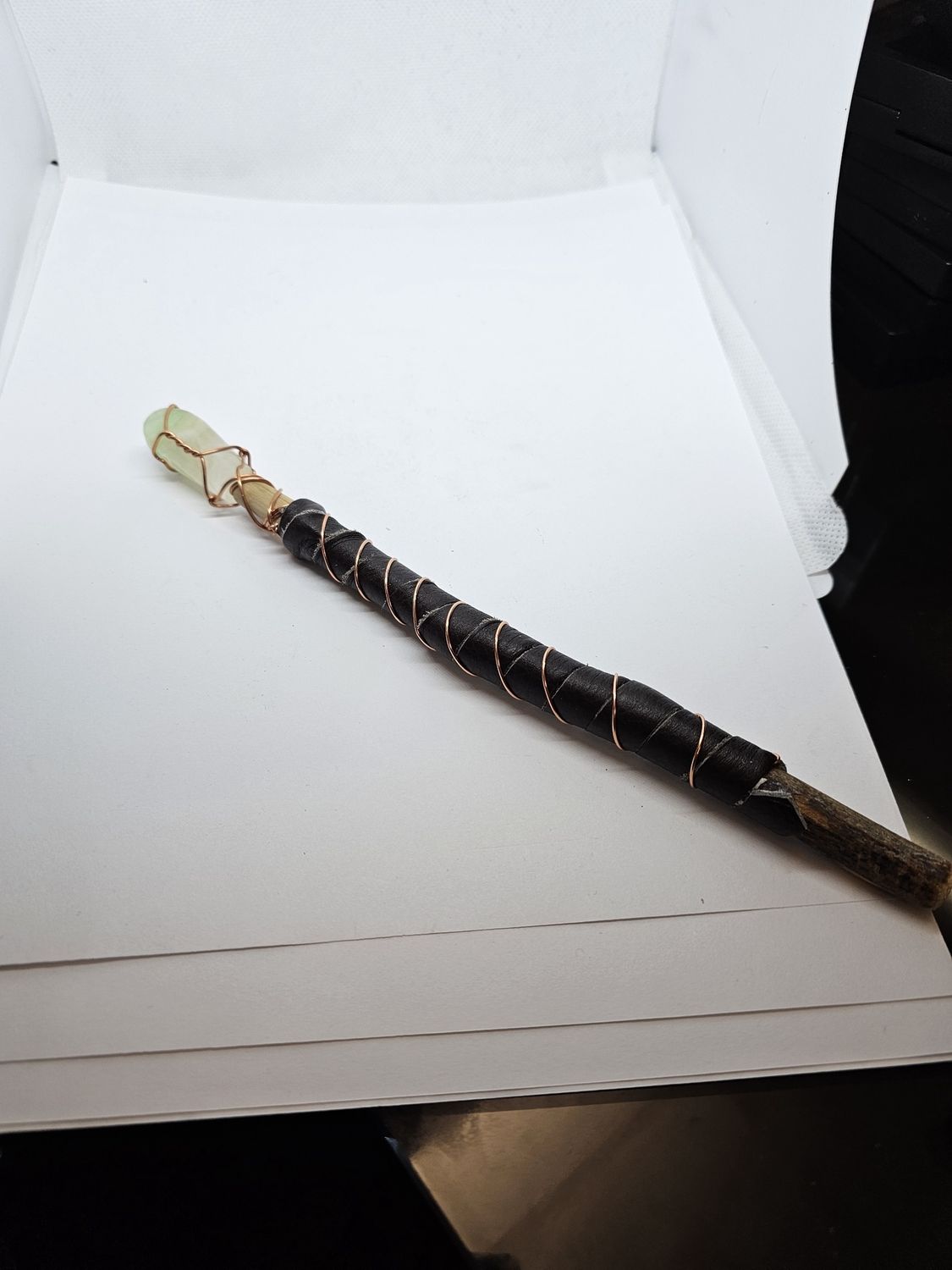 green fluorite copper leather wand