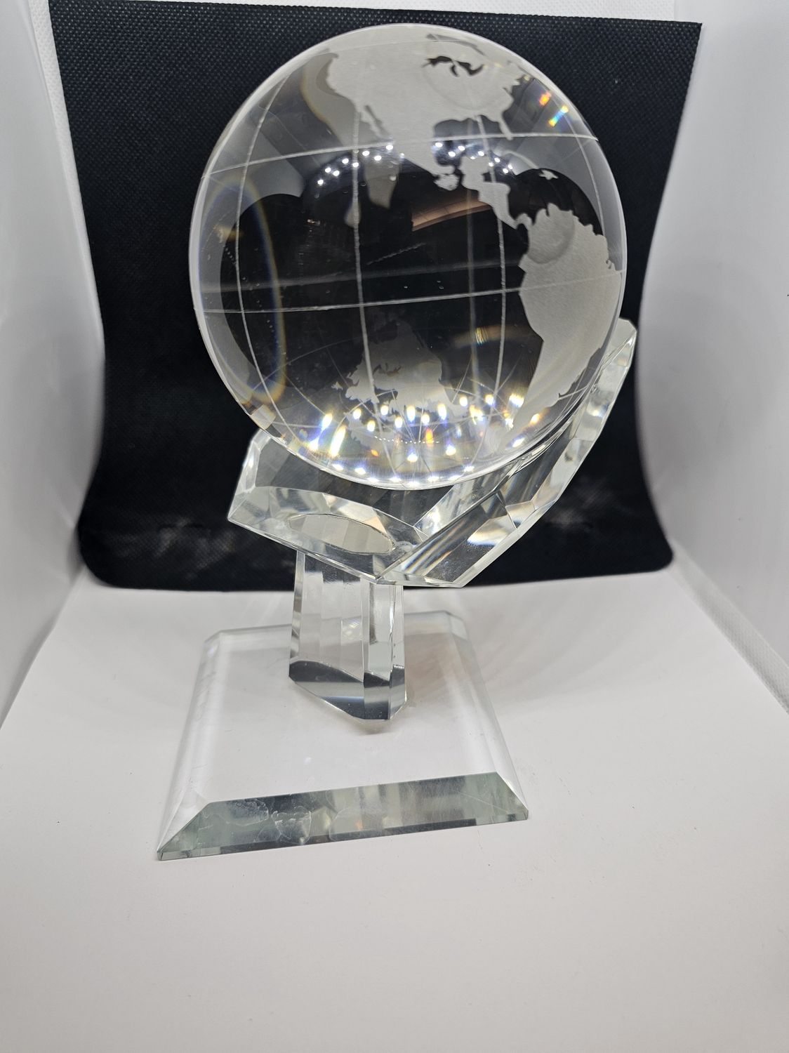 LEAD QUARTZ GLOBE W/CARVED CRYSTAL STAND