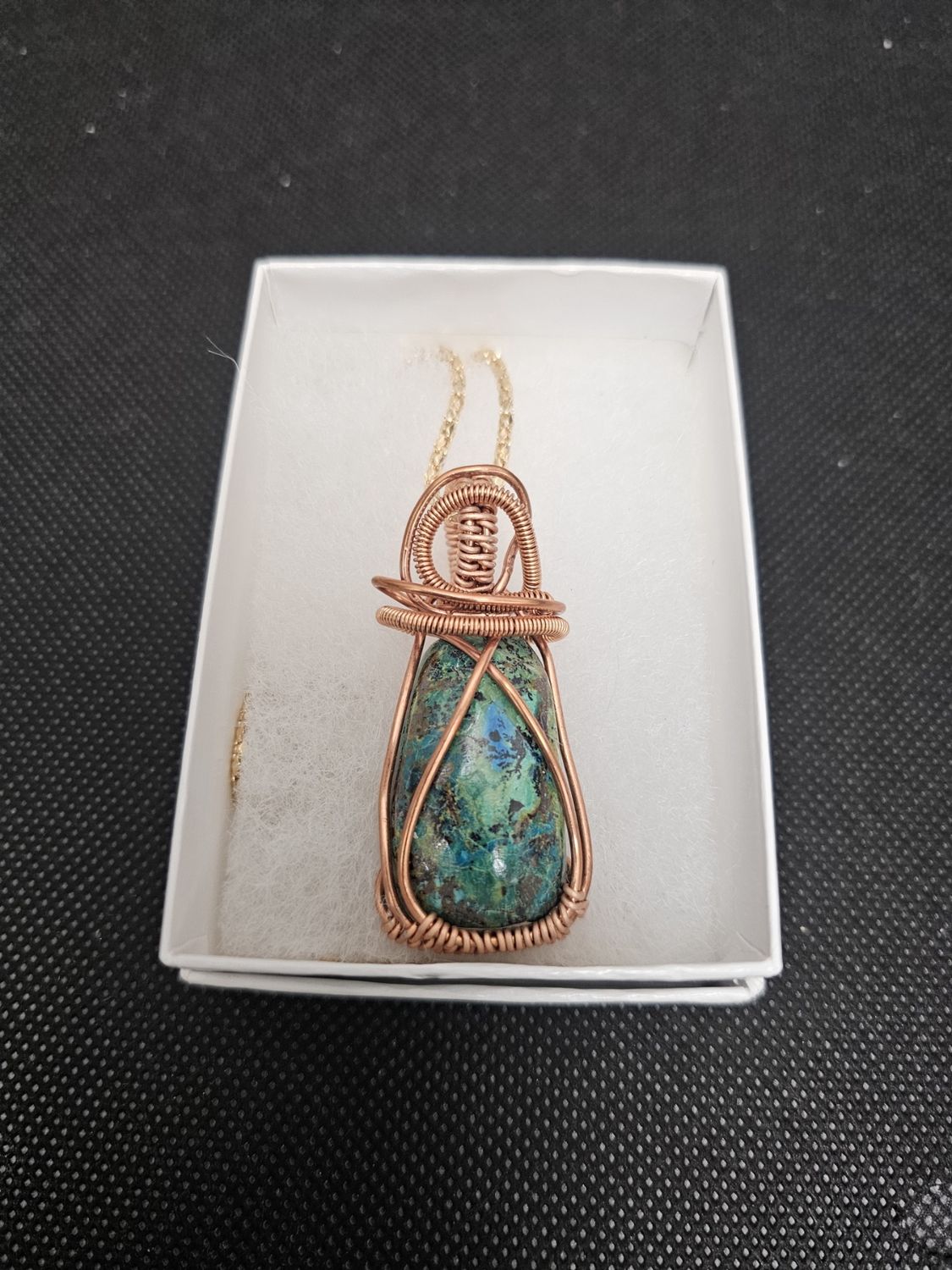 medium copper wire wrapped river blue pendant