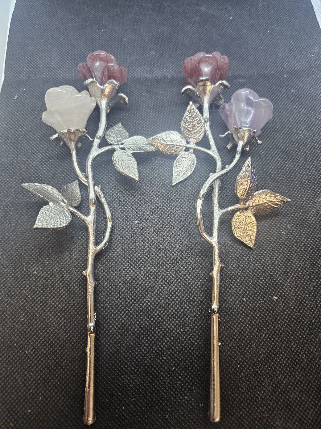 silver tone stems and carved rose