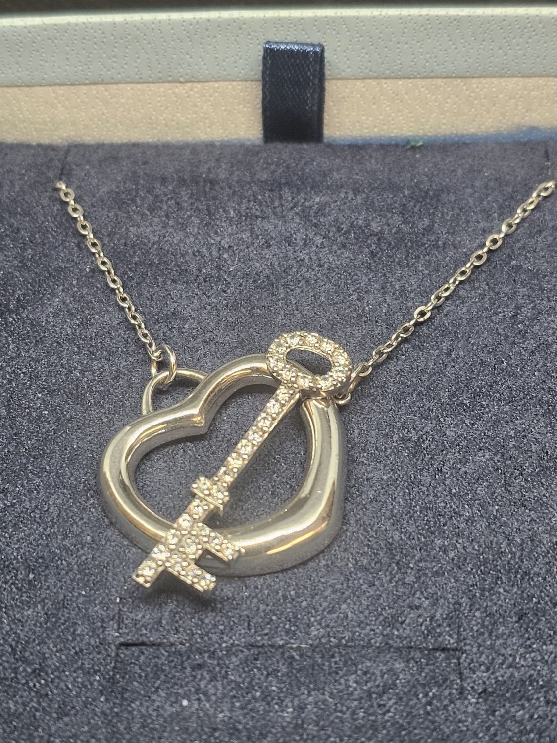diamond simulant heart key necklace