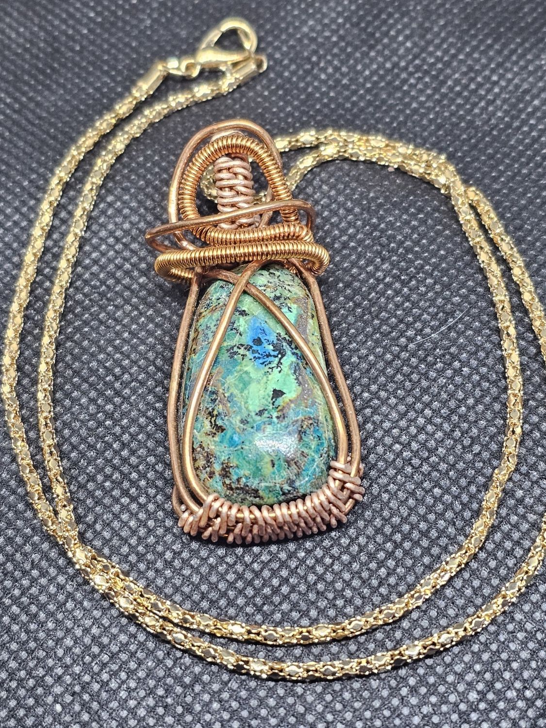 medium copper wire wrapped river blue pendant