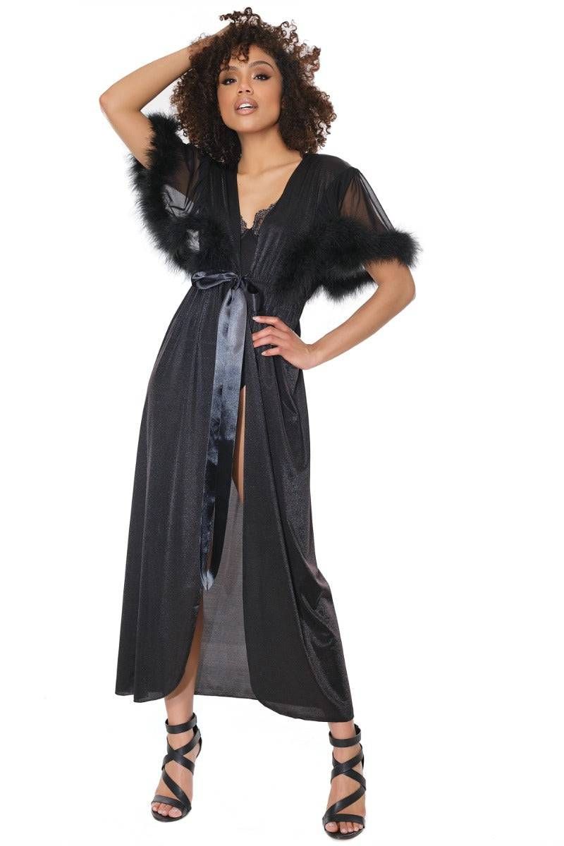 21313 Marabou Trim Robe Black O/S