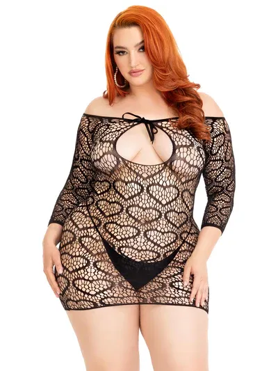 LA-86137XBK1X2 Heart Net Dress Black 1X/2X