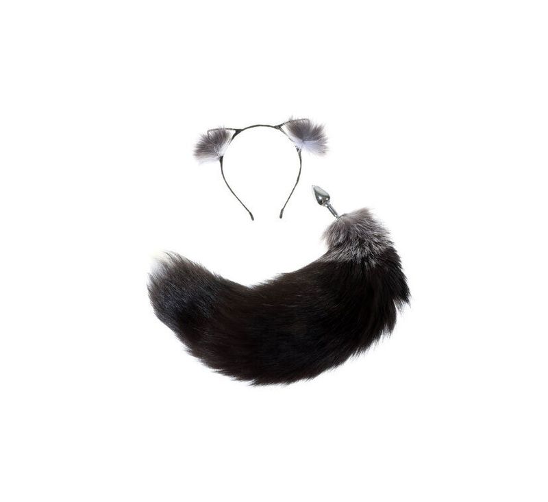 SF-SET-3 14-17&quot; Silver Fox Tail w/ Ears Steel Large