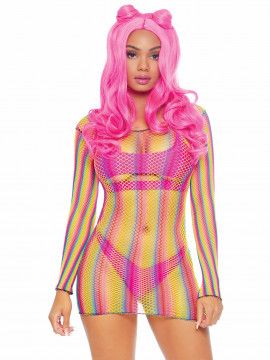 LA-86795 Rainbow Fishnet Long Sleeved Mini Dress