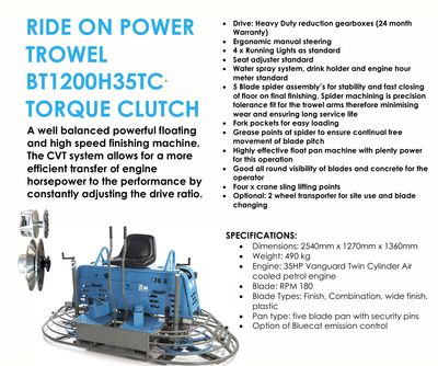 Beton 8' Rider Trowel Manual w/Vanguard 35-HP #BT1200