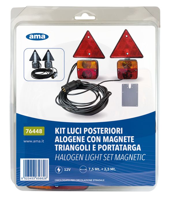 KIT LUCI POSTERIORI ALOGENE CON MAGNETE, TRIANGOLI E PORTATARGA, CAVI 7,5 M + 2,5 M- AMA KIT LUCI POSTERIORI ALOGENE CON MAGNETE, TRIANGOLI E PORTATARGA, CAVI 7,5 M + 2,5 M- AMA
