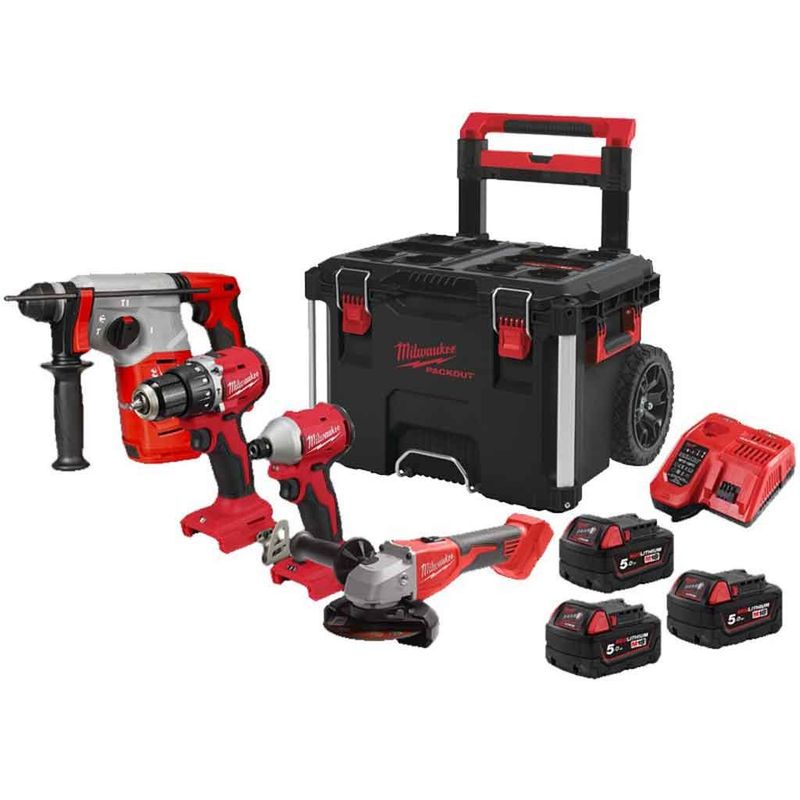KIT TRAPANO + TASSELLATORE + SMERIGLIATRICE + AVVITATORE IMPULSI + 3 BATTERIE 5AH + PACKOUT TROLLEY - MILWAUKEE