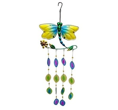 Wind Chime - Glass Peacock Colored Dragonfly