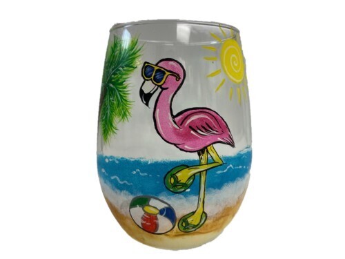 Wine Glass Stemless - Handpainted Flamingo