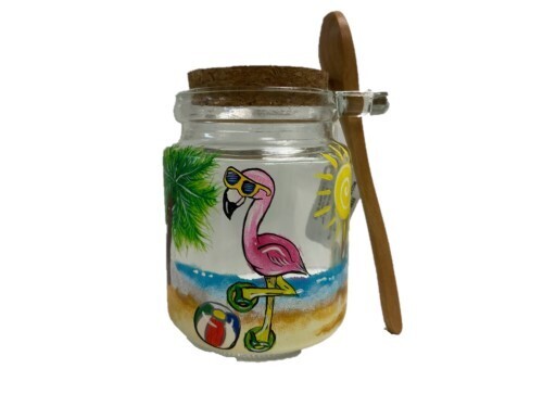 Honey Jar with Spoon - Hand-Painted Flamingo