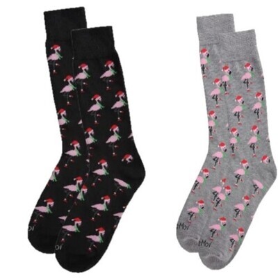 Socks - Men's Holiday Flamingos, Black or Grey 10-13