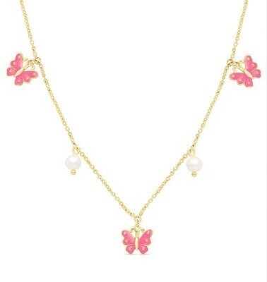 Necklace - Pink Butterflies with Pearls