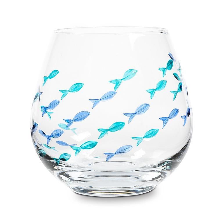 Stemless Glass- Blue/Green Fish