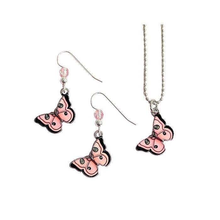 Jewelry- Necklace or Earrings, Pink/Black Butterflies, Silver